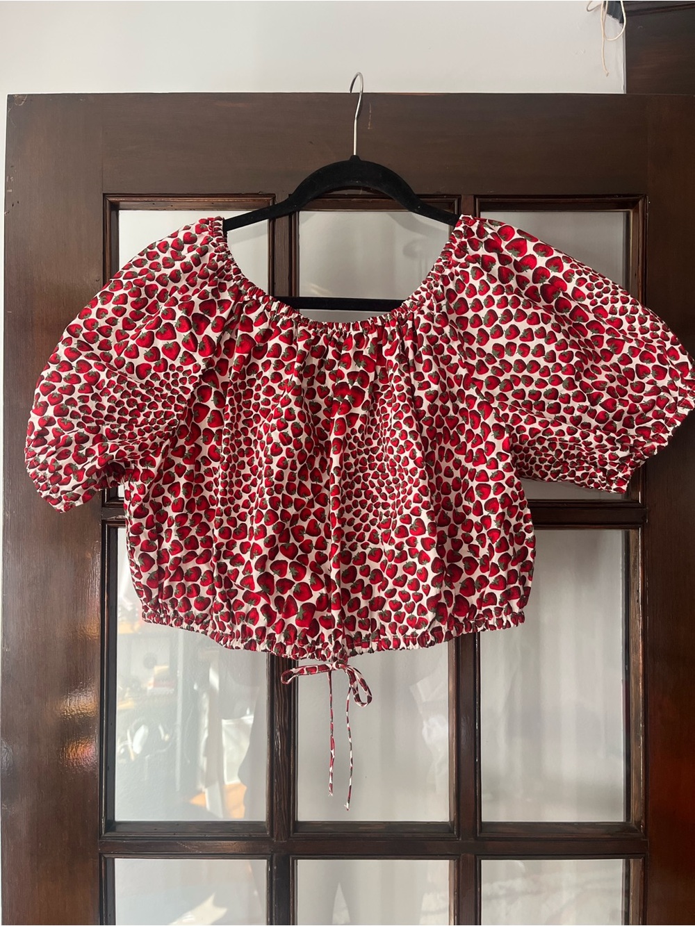 EUC! J. Crew Red Strawberry Print Off-Shoulder Crop Top